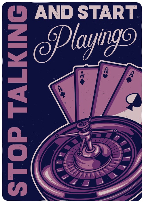 Purple casino poster with a roulette and a 4 ace playing cards labeled with Stop Talking and Start Playing